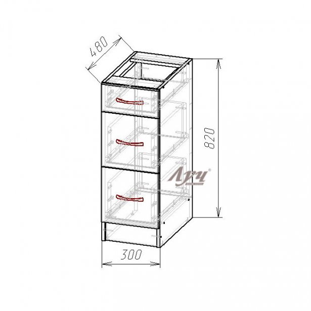 Схема Тумба з висувними ящиками кухні "Еко" НШ-30 Горіх