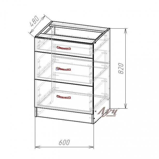 Схема Тумба-шафа з висувними ящиками кухні "Еко" НШ-60 Горіх