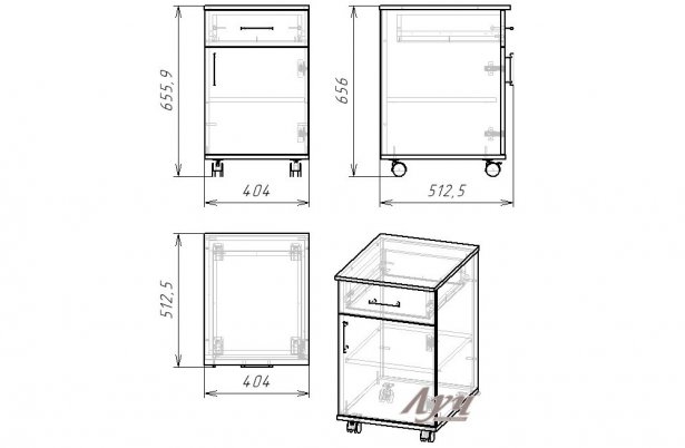 Схема Тумба «Мобильная» ящик и полка Бук