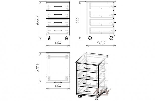 Схема Тумба «Мобильная» 4 ящика Бук