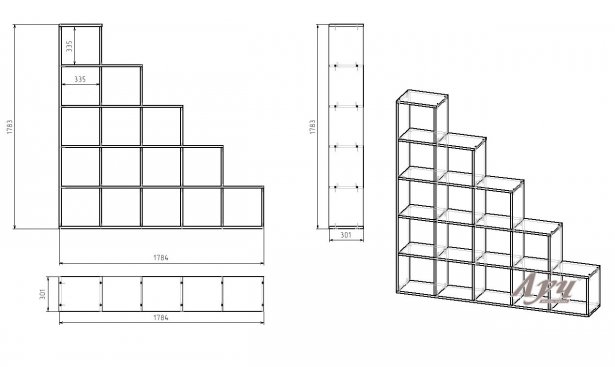Схема Стеллаж лесенка на 15 полочек